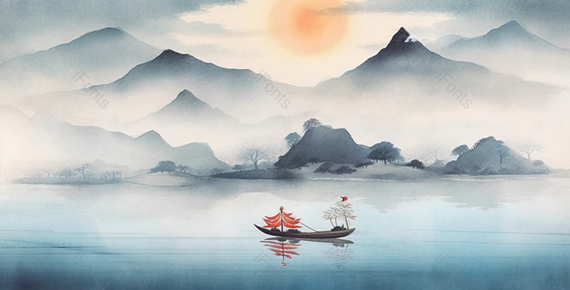 夕阳山川湖泊景色自然意境中国山水国风水墨画背景,插画/手绘图,插画/手绘图库,插画/手绘图下载,插画/手绘